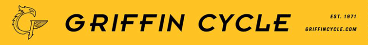 Yellow banner with a stylized griffin logo and the bold black text "Griffin Cycle." To the right, smaller text reads "Est. 1971" and "griffincycle.com.