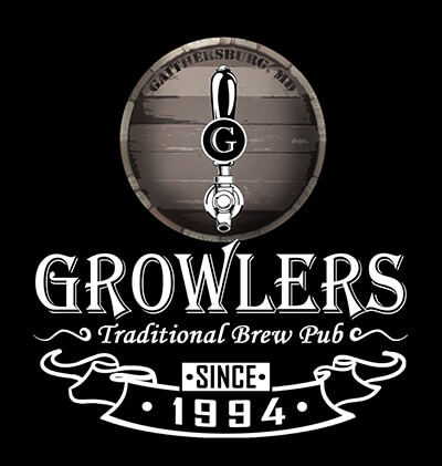 Logo for Growlers Traditional Brew Pub featuring a beer tap with a "G" in a circle, the text "Gaithersburg, MD" above, and a banner reading "Since 1994" below. Black background with white text and accents.