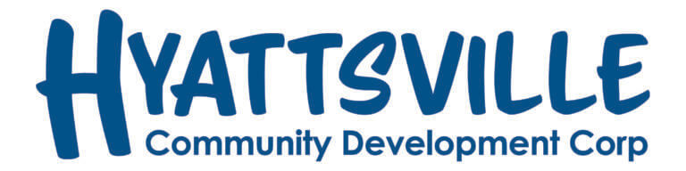 Logo for Hyattsville Community Development Corp with "Hyattsville" in large, playful blue letters above "Community Development Corp" in smaller, bold blue text on a white background.