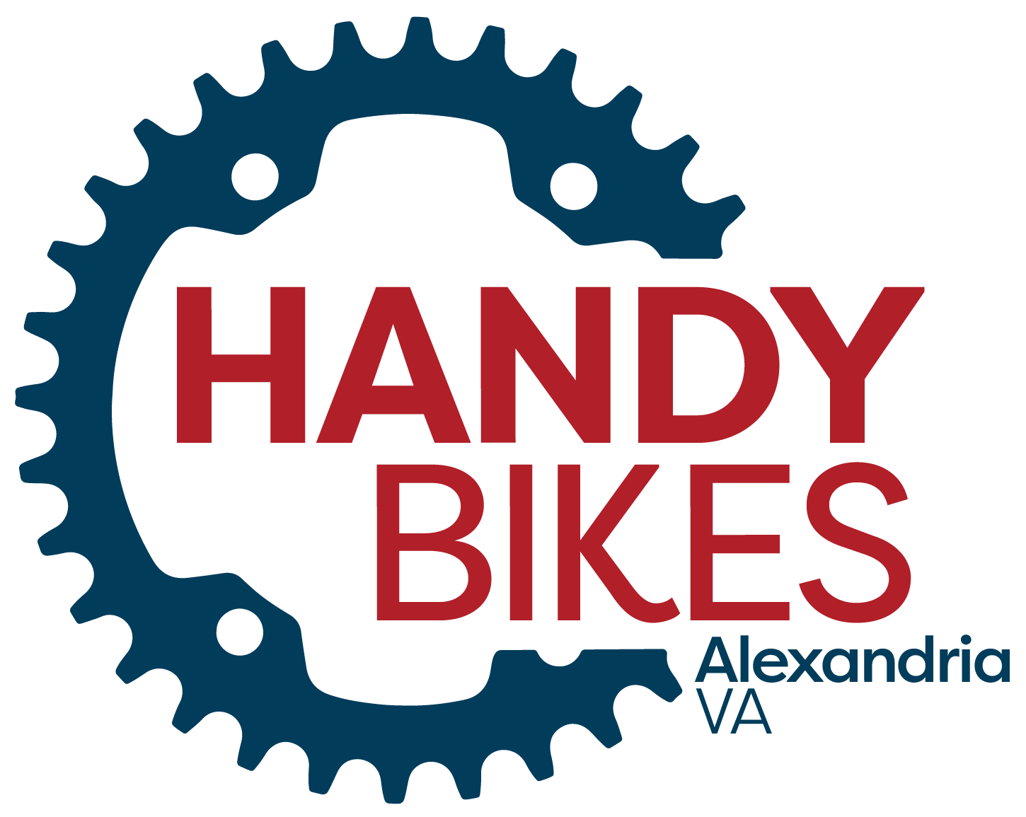 Logo for Handy Bikes featuring red text "HANDY BIKES" over a dark blue bike gear outline, with smaller blue text "Alexandria VA" in the lower right corner.