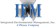 Logo with large blue letters "IEM" over a gray geometric background. Below, text reads: "Integrated Environmental Management, Inc. A Plexus Company.