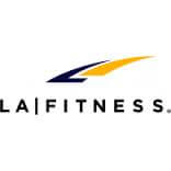 LA Fitness logo featuring the words "LA FITNESS" in black capital letters separated by a vertical line, with blue and yellow swooshes above the text.
