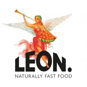 An illustrated winged figure blows a horn and holds a bowl of oranges above the bold text "LEON." with smaller text below reading "NATURALLY FAST FOOD.
