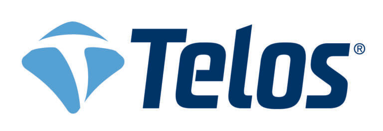 Logo of Telos, featuring a stylized blue geometric symbol to the left of the company name "Telos" written in bold, dark blue letters with a small registered trademark symbol.