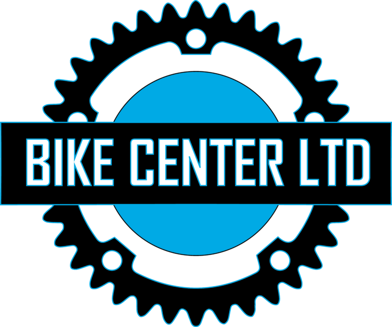 Logo for "Bike Center LTD" featuring bold white text with a blue outline on a black horizontal bar, over a stylized blue bike gear with a black outline and white accents in the background.