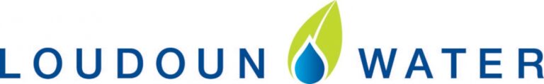 Loudoun Water logo with blue uppercase text and a green leaf graphic containing a blue water droplet.