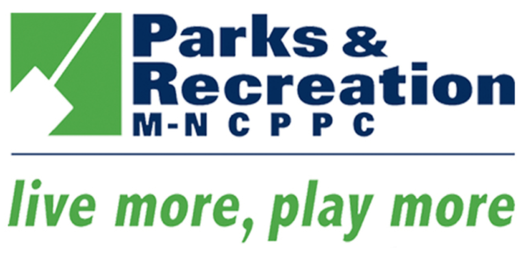 Logo for Parks & Recreation M-NCPPC with a green graphic on the left and the slogan "live more, play more" in green text below the organization's name.