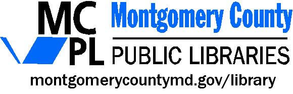 Logo for Montgomery County Public Libraries with the abbreviation “MCPL,” a stylized blue book, and the website montgomerycountymd.gov/library. Text is in black and blue.