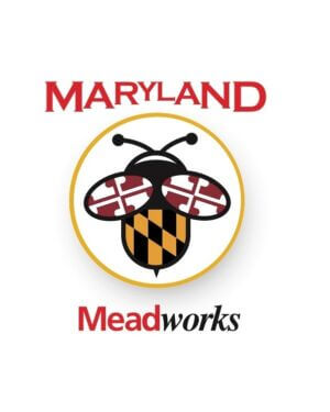 Logo for Maryland Meadworks featuring a bee with wings and body patterned after the Maryland state flag. "Maryland" is written above in red and "Meadworks" is below, with "Mead" in red and "works" in black.