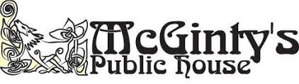 Logo for McGinty's Public House featuring stylized, Celtic-inspired text and a decorative illustration of a wolf with interwoven designs on the left side.