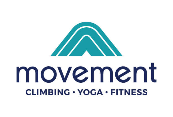 Logo for Movement featuring three overlapping teal arches forming a mountain shape above the word "movement" in bold lowercase letters. Below are the words "CLIMBING • YOGA • FITNESS" in uppercase.