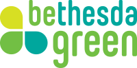 Logo for Bethesda Green with the name in green and teal lowercase letters, accompanied by a graphic of three overlapping, rounded shapes in shades of green on the left side.