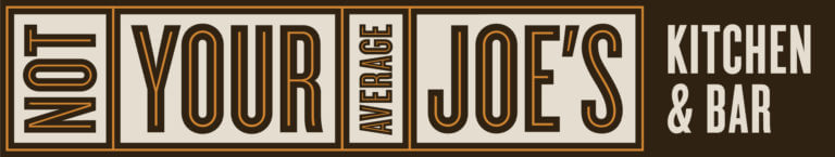 Logo for "Not Your Average Joe's Kitchen & Bar" with bold, blocky lettering on a brown background.