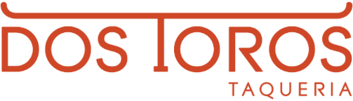 The Dos Toros Taqueria logo features the name in bold, orange letters with a stylized horizontal line above, resembling a bull's horns. "Taqueria" appears in smaller, uppercase letters underneath.