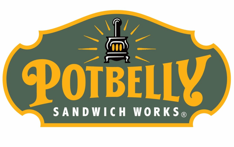 Potbelly Sandwich Works logo featuring a stylized stove at the top, radiating lines, with "POTBELLY" in large yellow letters and "SANDWICH WORKS" in smaller white letters below, on a green background with a yellow border.