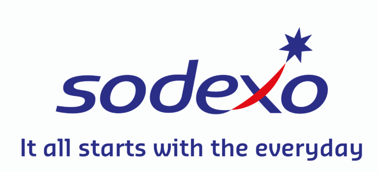 The Sodexo logo with "sodexo" in blue lowercase letters, a red swoosh ending in a blue star over the "x", and the slogan "It all starts with the everyday" below.