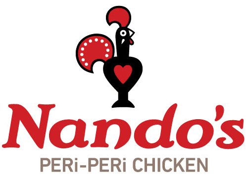 Nando’s logo featuring a stylized black chicken with a red comb, red heart, and red tail feathers above the words "Nando’s PERI-PERI CHICKEN" in bold red and gray text.