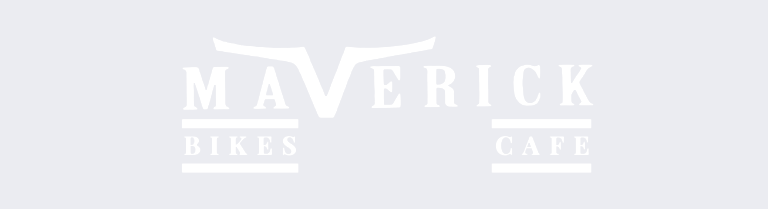 Logo for "Maverick Bikes Cafe" featuring stylized handlebars above the word "Maverick" and the words "Bikes" and "Cafe" below, separated by horizontal lines.