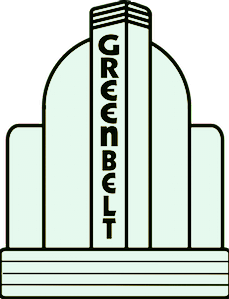 Stylized illustration of an art deco building with the word "GREENBELT" written vertically in bold letters down the center. The structure features rounded and rectangular shapes.