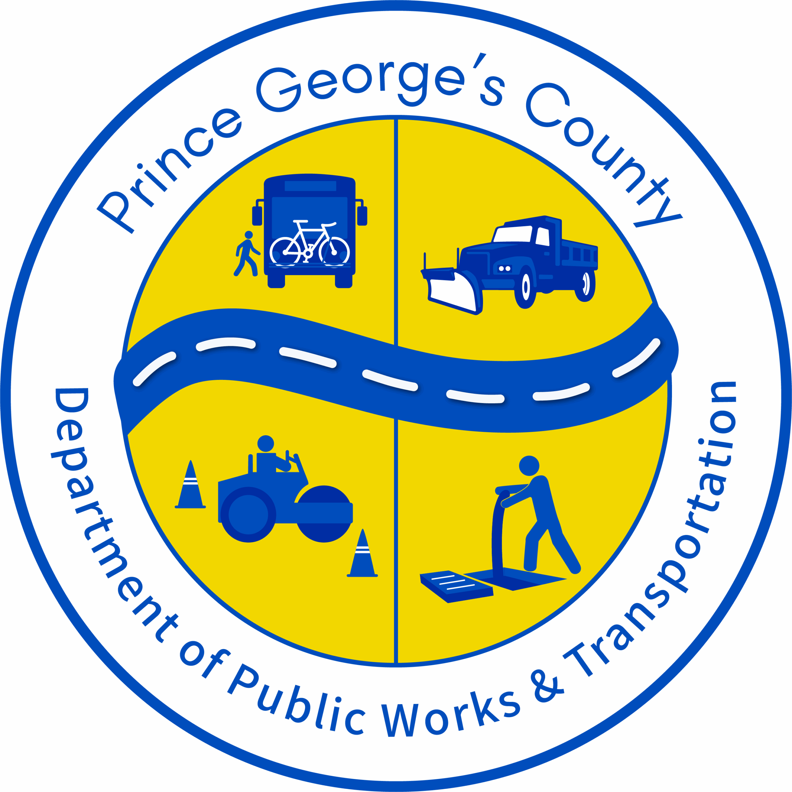 A circular logo for Prince George’s County Department of Public Works & Transportation, divided into four sections with icons of a bus, plow truck, roadwork, and construction equipment, with a road across the center.