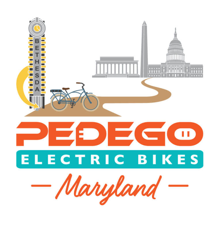 Logo for Pedego Electric Bikes Maryland, featuring a bicycle, landmarks like the Capitol, Washington Monument, and Lincoln Memorial, a vertical “Bethesda” sign, and text reading “Pedego Electric Bikes Maryland.”.