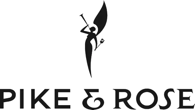 Logo for Pike & Rose featuring a stylized figure holding a flag above bold, capitalized text that reads “PIKE & ROSE.”.