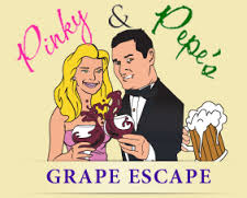 Cartoon of a smiling blonde woman in a pink dress holding wine, and a dark-haired man in a tuxedo holding a beer. Text reads: "Pinky & Pepe's Grape Escape.