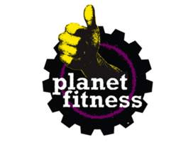 Planet Fitness logo featuring a yellow hand giving a thumbs-up inside a black gear shape, with the words "planet fitness" in white lowercase letters overlaid.