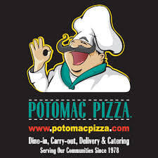 Logo for Potomac Pizza featuring a cartoon chef making an “okay” hand gesture and smiling. Text includes the website and mentions dine-in, carry-out, delivery, catering, and service since 1978.