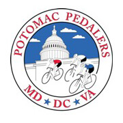 Logo for Potomac Pedalers featuring three cyclists in front of the U.S. Capitol dome. Red, black, and blue cyclist outfits. Text reads "POTOMAC PEDALERS MD DC VA" in a circular layout around the image.