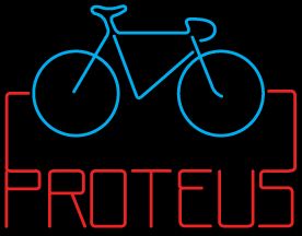 Neon-style illustration of a bicycle outlined in blue above the word "PROTEUS" written in red, all on a black background.