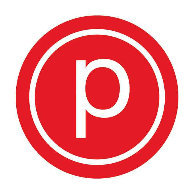 A bold, white lowercase letter "p" is centered inside two concentric white circles on a solid red background.