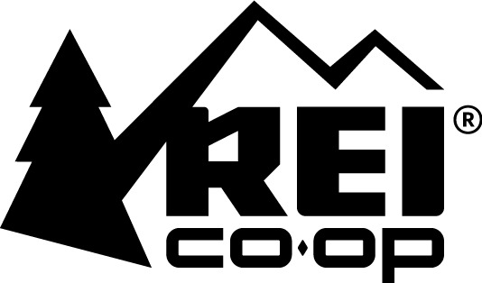 Black and white REI Co-op logo with a stylized pine tree, mountain peaks, and bold "REI" text above the word "co-op.