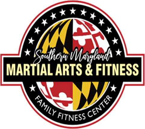 Logo for Southern Maryland Martial Arts & Fitness Family Fitness Center, featuring a stylized Maryland state flag inside a circular badge with stars and bold text on a black, red, yellow, and white background.