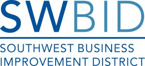 Logo with large letters "SWBID" above the words "Southwest Business Improvement District" in blue text, all in uppercase and separated by a horizontal line.