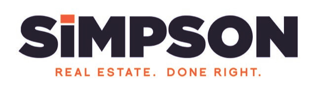 Logo with the word "SIMPSON" in bold black letters, with the dot above the "I" colored orange. Below, the tagline reads "REAL ESTATE. DONE RIGHT." in orange capital letters.