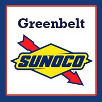 Sunoco logo with a red arrow behind a yellow diamond shape and bold blue "SUNOCO" text inside. Above the logo, "Greenbelt" is written in large, dark green text on a white background.