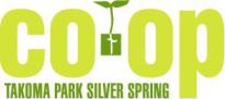 Logo for the Takoma Park Silver Spring Co-op featuring the words "CO-OP" in large green letters with a plant sprout growing from the hyphen, and the location name in smaller green text below.