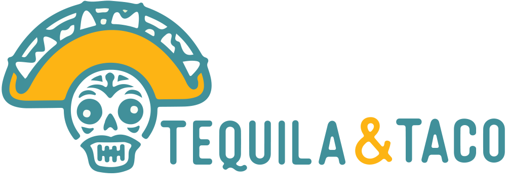 Logo with a stylized skull wearing a yellow sombrero, next to the words "TEQUILA & TACO" in uppercase letters, with the ampersand in yellow and the rest of the text in teal.