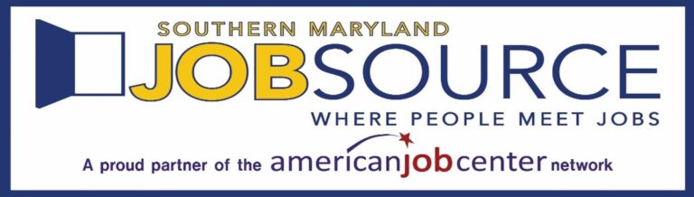 Logo for Southern Maryland JobSource, with the tagline “Where People Meet Jobs” and a note that it is a proud partner of the American Job Center network. The design uses blue, yellow, and red accents.