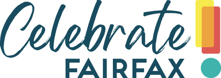 Celebrate Fairfax logo with 'Celebrate' in teal script, 'Fairfax' in bold uppercase teal letters, and colorful overlapping rectangles and a teal dot on the right side.