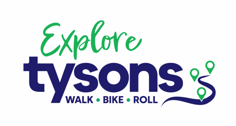 Logo with the words “Explore Tysons” above “Walk • Bike • Roll,” featuring a path with map location pins. Colors are green and dark blue on a light background.