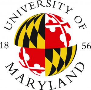 University of Maryland logo featuring a circular shield with red, white, black, and yellow patterns, surrounded by the text "University of Maryland 1856.