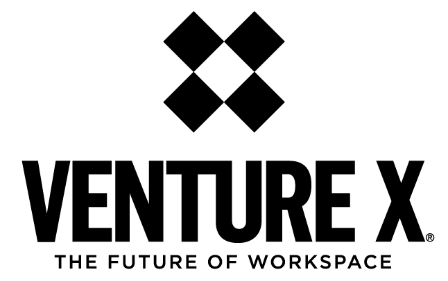 Black geometric logo with four diamonds above bold text "VENTURE X." Smaller text below reads "THE FUTURE OF WORKSPACE." Logo has a modern, professional look on a light background.