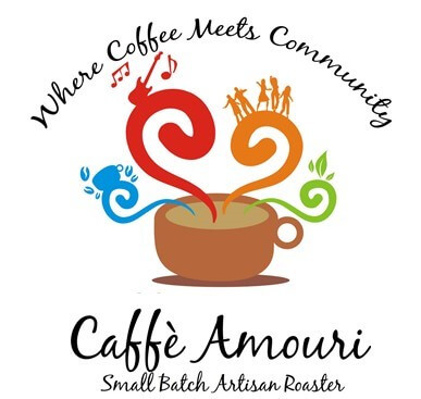 Logo for Caffè Amouri featuring a coffee cup with colorful steam forming hearts and musical notes, leaves, water drops, and silhouettes of people. Text reads "Where Coffee Meets Community" and "Small Batch Artisan Roaster.