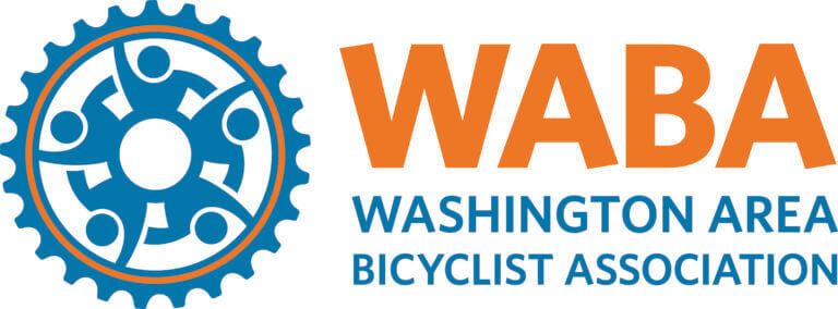 Logo for the Washington Area Bicyclist Association (WABA) featuring orange "WABA" text and a blue gear with stylized people holding hands inside it.