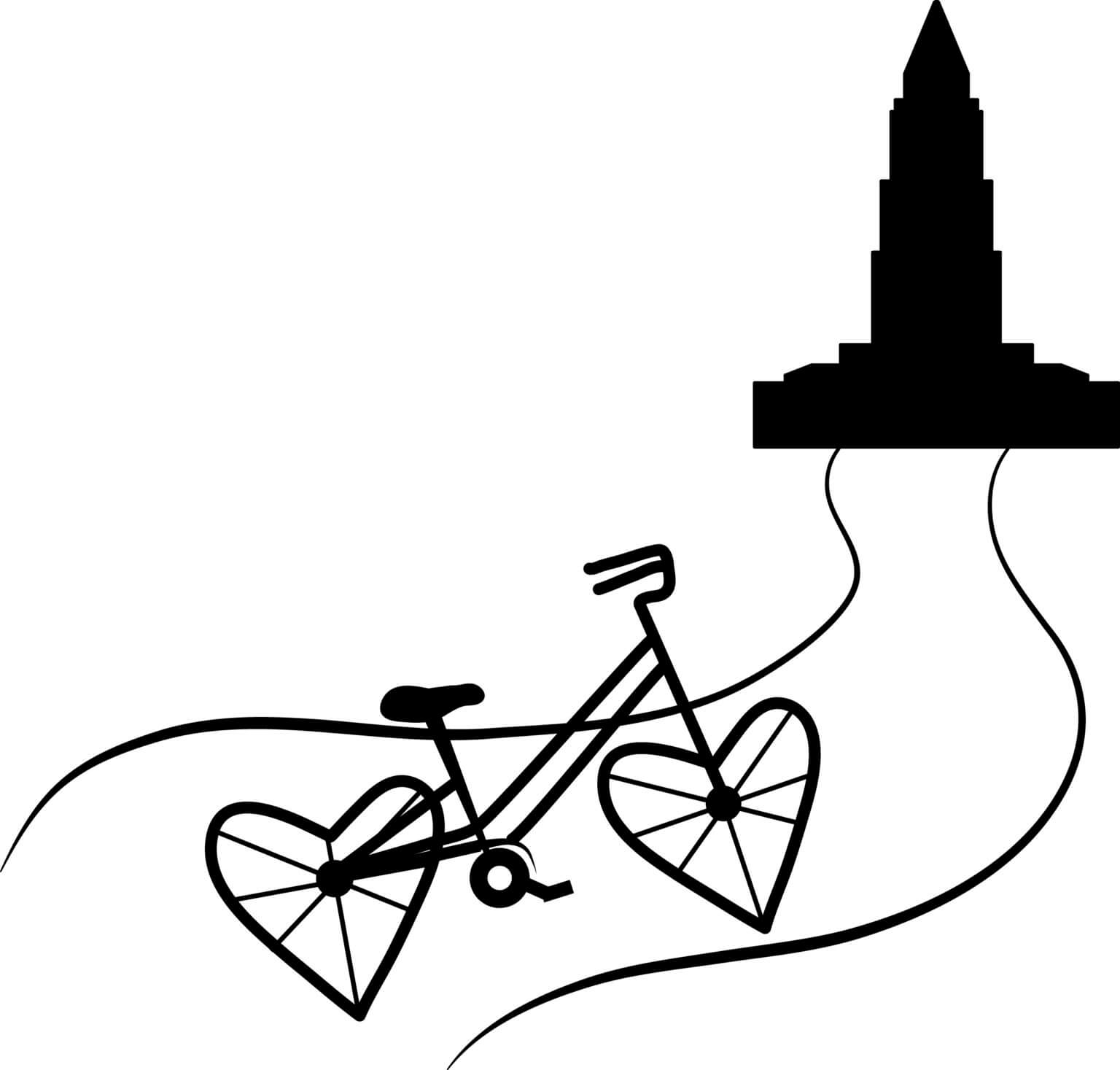 A black and white illustration of a bicycle with heart-shaped wheels, with lines trailing from the wheels towards a silhouetted city building in the background.