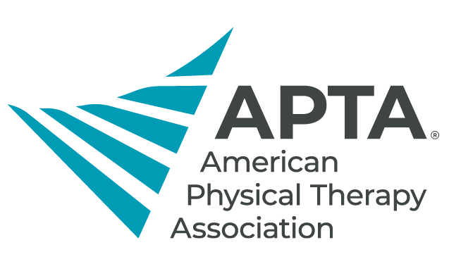 APTA logo featuring teal geometric lines forming a wing-like shape to the left of the text “APTA American Physical Therapy Association” in bold, dark gray font on a light background.