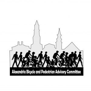 Silhouettes of people walking and biking in front of a city skyline. Text below reads "Alexandria Bicycle and Pedestrian Advisory Committee.
