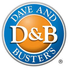The Dave & Buster’s logo features a blue circle with the white text “Dave and Buster’s” around an orange center. In the middle, large white letters read "D&B.